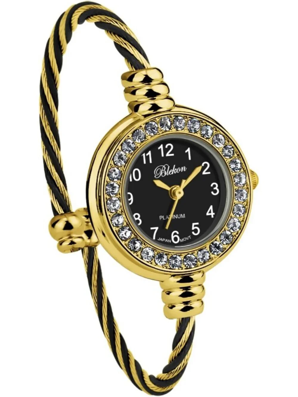 Womens Gold And Black Analog Cable Cuff Arabic Numbers Rhinestone Bracelet Watch